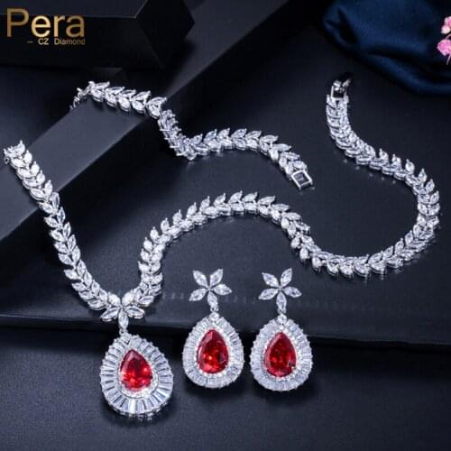 Pera Classic Flower Bridal Wedding Party Jewelry Set CZ Stone Big Red Water Drop Pendant Necklace Earrings Sets for Women J0183