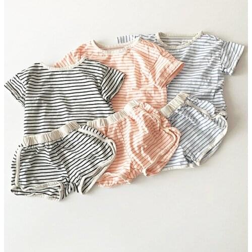Toddler Kids Clothing Sets Casual Korean Stripes Shorts Sleeves T-shirts Shorts for Boy Baby Girl Clothing Summer Chilld Suits
