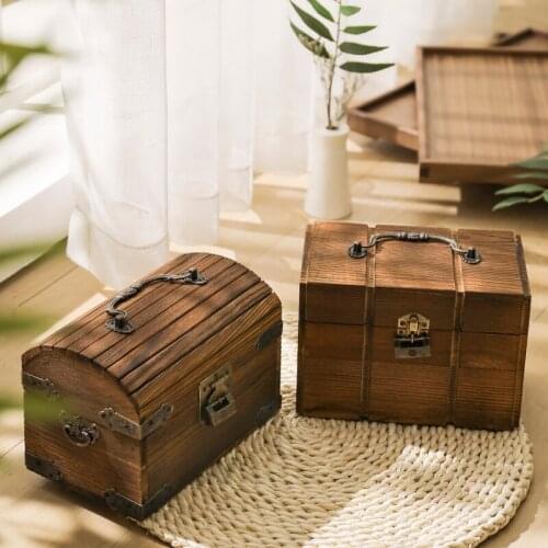 Solid wood Cube retro piggy bank Vintage adult money box With Lock Metal Decorative Coin storage container Christmas Gift 2021