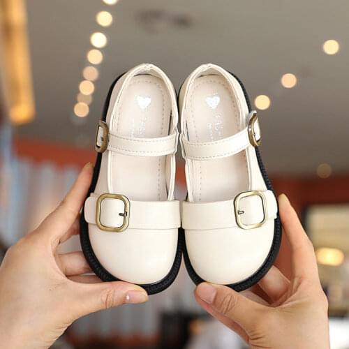 Kid Buckle Leather Shoes Boy Girl Square Heel Round Toes School Shoes 2021 Autumn Retro Mary Jane Flat Walk Shoe 21-36 Black