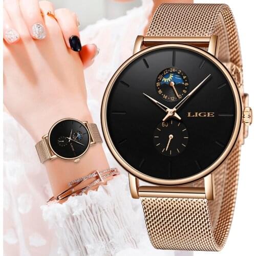 LIGE Woman Watches Rose Gold Luxury Watch Women Quartz Waterproof Womens Wristwatch Ladies Girls Watches Clock relogio feminino