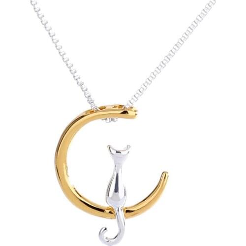 Fashion Cute Crescent Moon Cat Pendant Necklace Cat Statement Short Necklace for Women and Girls