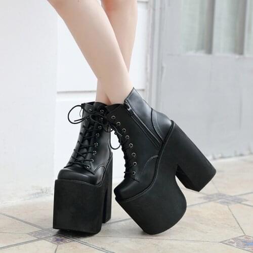 17cm Heel Motorcycle Boots Black Ankle Boots For Women Punk Cosplay Boots Fashion Goth Platform Boots Autumn Women High Heels