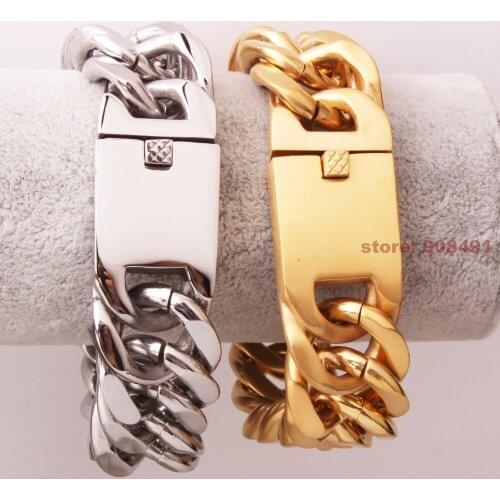 Mens Cool Hip Hop Jewelry Fashion Silver Gold Stainless Steel Wide Curb Chain Heavy Bracelet