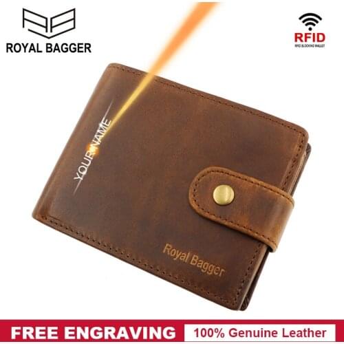 Royal Bagger Short Wallet for Men Crazy Horse Leather RFID Blocking Man Purse Retro Card Holder Genuine Leather Wallets Business
