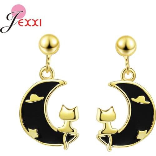 New Arrival Cute Female Earrings 925 Sterling Silver Moon with Unique Cat Earrings for Women Wedding Jewelry Girlfriend Gift