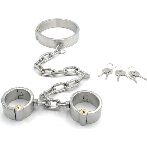 Round Lock Stainless Steel Neck Collar Handcuffs BDSM Bondage Torture Sex Toys For Couples Slave Restraints Adult Games Tools