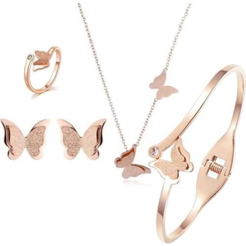 316L Stainless Steel Awesome Frosted Butterfly Stud Earrings Ring Bracelet Necklace Set Ensemble Bijoux Mariage