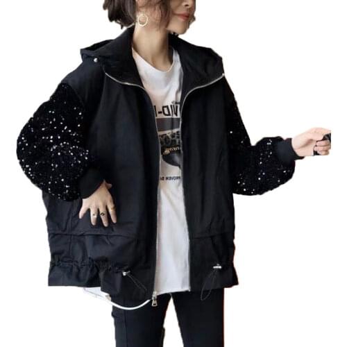 European Plus Cotton Thick Autumn Winter Jacket New Fashion Long-sleeved Sequin Stitching Hooded Short Coat Women Loose Cardigan