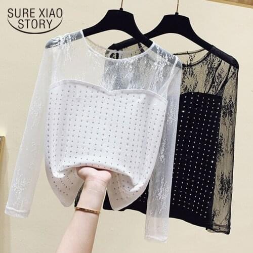Autumn Casual Cotton White Blouse Women 2021 Office Lady Lace Womens Blouses Pullover Long Sleeve Shirt Mesh Womens Tops 11286