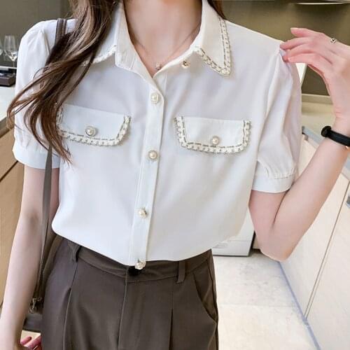 Solid Feminina 2021 Summer New Pockets Chiffon Short Sleeve Button Up Shirt Harajuku Ladies Top Elegant Women Blouse Shirts 008E
