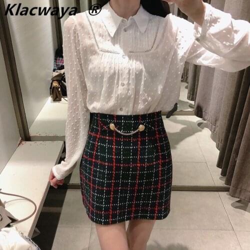 Klacwaya Za Women 2021 Fashion Metal Chain Tweed Check Skirt Vintage High Waist Side Zipper Female A Line Mini Skirts