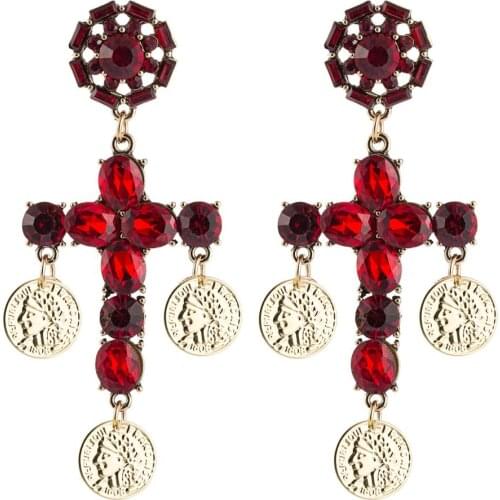 Luxury Vintage Baroque Style Cross Earrings Women Indian Coin Ethnic Long Earrings Female BigGlass Crystal ZA Earrings Jewelry