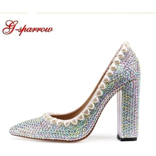 New Fashion Wedding Shoes Handicraft Customized Pointed Toe 4 Inches High Heels Chunky Heel Woman Party Prom Pumps