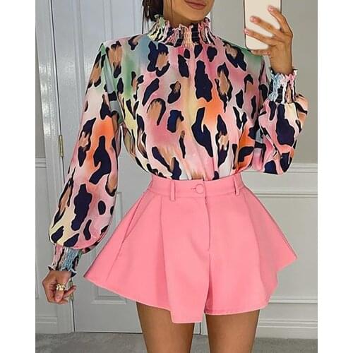 Women Casual Two Piece Set Cheetah Print Lantern Sleeve Shirred Half high collar Top and Plain Shorts Set