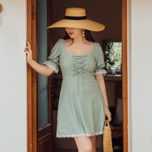 Plus Size Short Puff Sleeve Swimsuit Women One Piece Solid Swimwear Lace Bow Korean Style Bathing Suit 2XL-5XL Skirts Padded