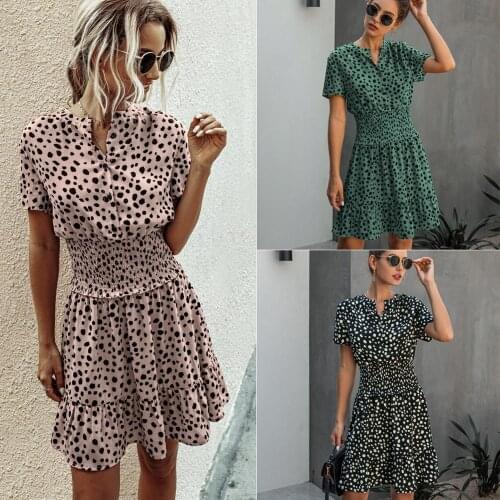 2021 Summer Women Fashion Button V Neck Mini Dress Ruffle Dot Print Casual Dress For Sexy Female Party Short Sleeve Beach Dress