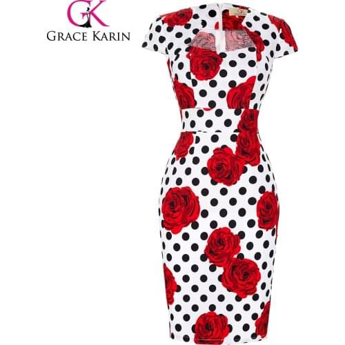 Grace Karin Women Office Dresses 2020 Summer Floral Print Slim Rockabilly Pinup Bodycon Vestidos Work Pencil Dress Plus Size 3XL