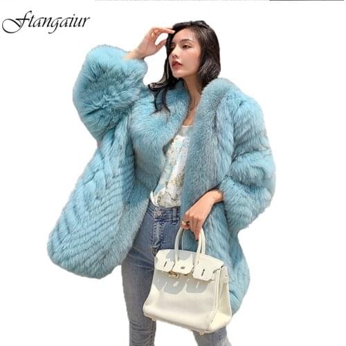 Ftangaiur 2021 Women Winter Finland Import Fox Fur Coat Weave Whole Skin Female Fox Coats Medium V-Neck Natural Fox Fur Coats
