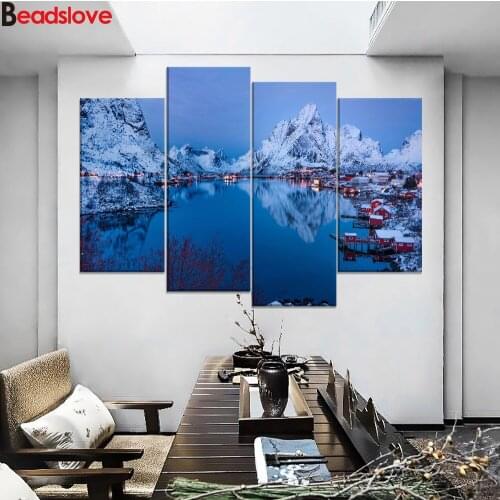 4pcs Diamond Paint Mountains Houses Winter handmade diamond cross stitch Mosaic home decorative art painting square drill