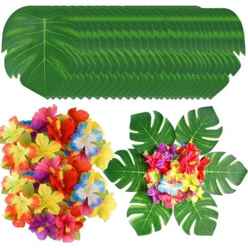 Promotion! 90Pcs Tropical Palm Leaves and Hibiscus Flowers, Artificial Leaves Plants Hibiscus Flowers Fete Deco, Hawaiian Party