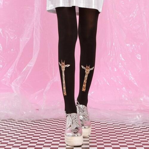 RUNNING CHICK Giraffe Head Photo Tattoo Pantyhose Women Black Autumn 120D