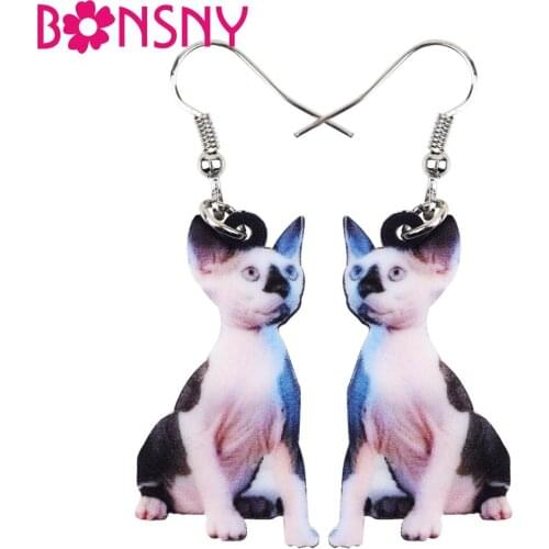 Bonsny Acrylic Novelty Canadian Hairless Sphynx Cats Earrings Long Dangle Drop Anime Jewelry For Women Girls Ladies Fashion Pets