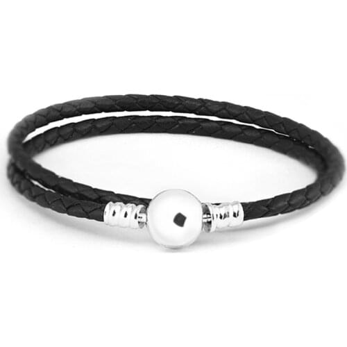 Authentic 925 Sterling Silver Round Clasp Charms Bracelets for Women 925 Silver Black Leather Bracelet Pulseira Feminina