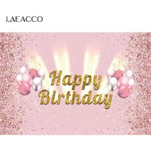 Laeacco Pink Balloons Happy Birthday Backdrop For Photography Gold Glitters Customized Baby Shower Photo Background Photo Studio
