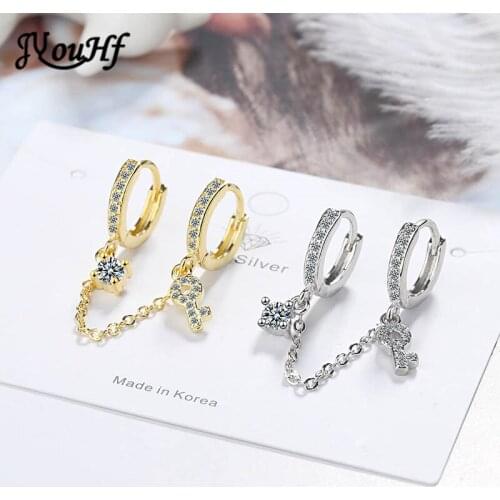 JYouHF 1PC Fashion Gold Silver Color Zirconia Earrings for Women Double Ear Hole Key Charm Chain Earring Party Jewelry Oorbellen
