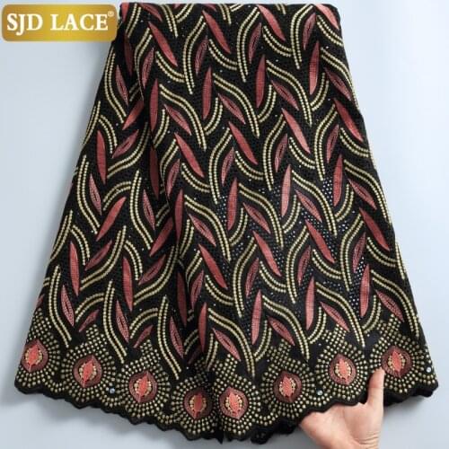 SJD LACE African Lace Fabric High Quality 5Yards Embroidery Cotton With Stones Nigerian Swiss Voile Lace In Switzerland SewA2266