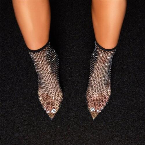 New Design Crystal Rhinestone Mesh Stretch Fabric Sock Boots Fashion PVC Transparent Pointed Toe Shoes Sexy High Heels Women