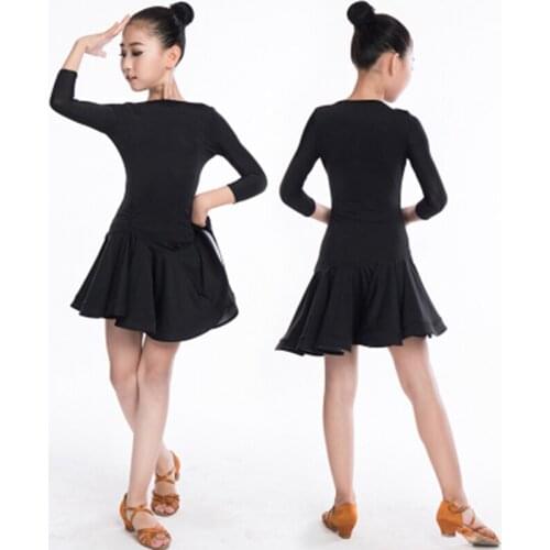 Latin Dance Dress Girls Long Sleeve Tango Rumba Ballroom Fashion Modern Salsa Cha Skirt 3 Color Cotton Spandex Latin Dancewear