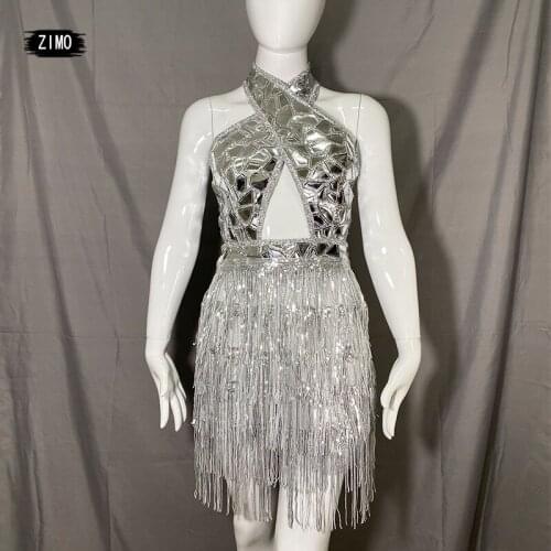 Silver Tassel Sequin Sexy Evening Gown Dress Women Backless Rhinestone Tassel Hemlines Dress Nightclub Stage Latin Dance Costume