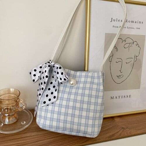 Vintage Elegant Plaid Women Bag Bow Bolsas Luxury Designer Handbags Ladies Canvas Handbags Purse Retro Tote Bags