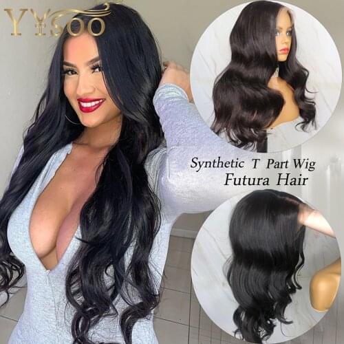 YYsoo Long Black 13x6 Lace Front Synthetic Wigs For Women Futura Japan Heat Resistant Fiber Black Body Wave Wig Natural Hairline