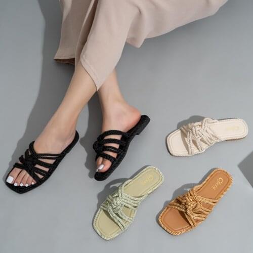 Womens slippers hemp rope flat sandals womens fashion outdoor simplicity solid color square toe hollow womens slippers