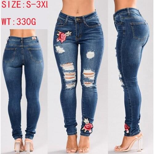 Stretch Jeans For Women Elastic Flower Jeans Ladies Pencil Denim Pants Hole Ripped Pantalon Rose Embroidered Pattern Jeans