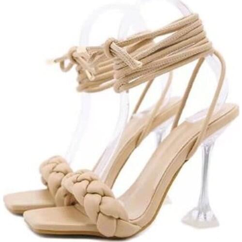 New Fashion Sexy Lace Up Women Sandals Square Toe Thin Heel Cross Tied Party Shoes Black White Size 35-43 Sandalias Femenina