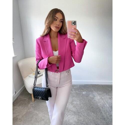 2021 womens Rose short suit coat slotted collar pocket Za fashion womens casual chic coat