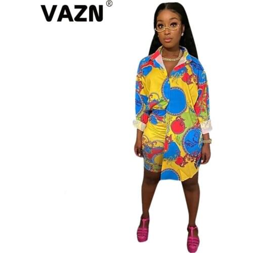 VAZN 2020 Autumn Hot Plus Size Parity Vintage Sexy Free Chiffon Shirts Dress Daily Full Sleeve Women Straight Midi Dress