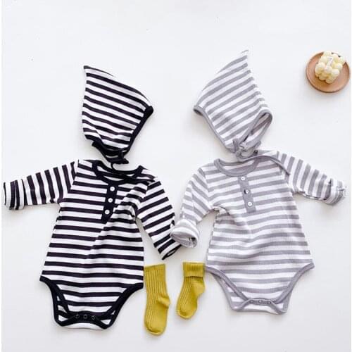 0-3Yrs New Newborn Infant Baby Boys Girls Stripe Rompers + Hat Clothing Spring Kids Boy Girl Long Sleeve Rompers Clothes