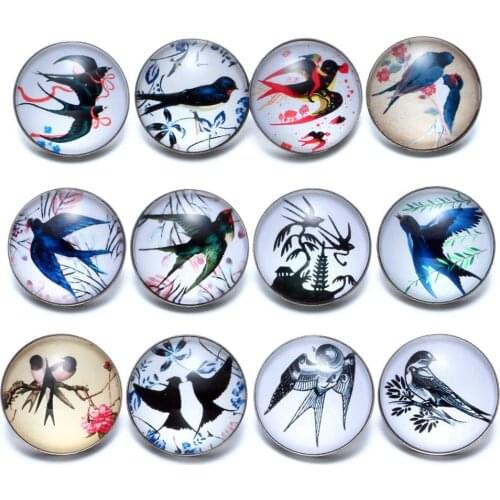 12pcs/lot Swallows Theme Glass Button 18mm Snap Button Charms For 18mm Snaps Bracelet Snap Jewelry KZ0662