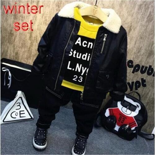 Boy Set Winter Boys Clothing Set Children Clothing Kids Outfits Thicken Faux leather coat + sweater + plush jeans 3pcs Boys Suit
