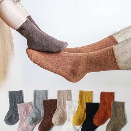 5pcs Childrens Cotton Socks Spring Autumn Solid Color Stripes Male Female Junior Middle Tube Parent-child Socks Deodorant