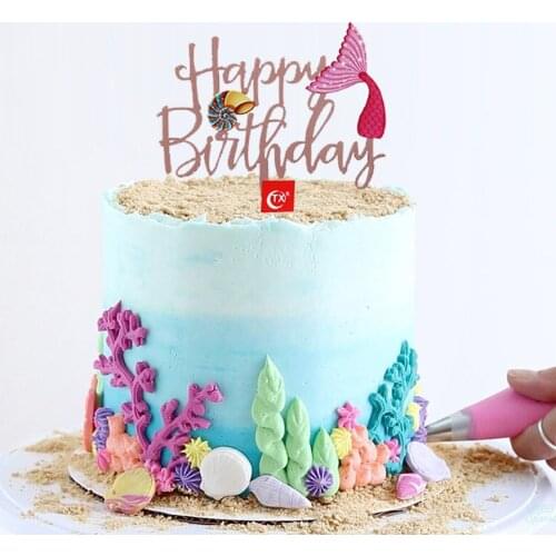 Mermaid tail Conch Happy Birthday Acrylic Cake Topper Gold Acrylic Cupcake Topper For Wedding Birthday Party Cake Decorations