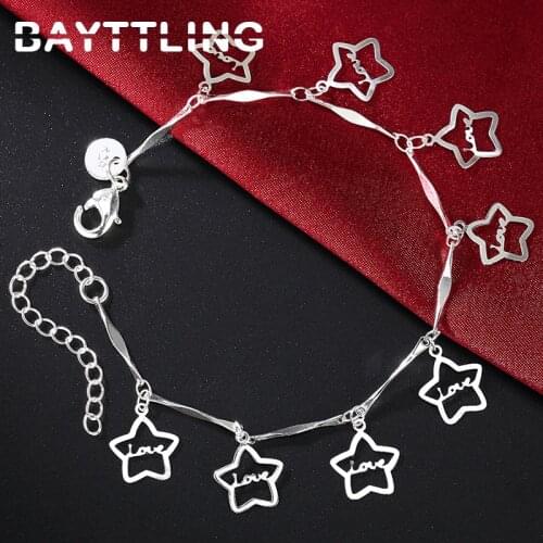 BAYTTLING 925 Sterling Silver 8-inch Twisted Chain Fine Star LOVE Pendant Bracelet For Woman Luxury Christmas Jewelry Gift