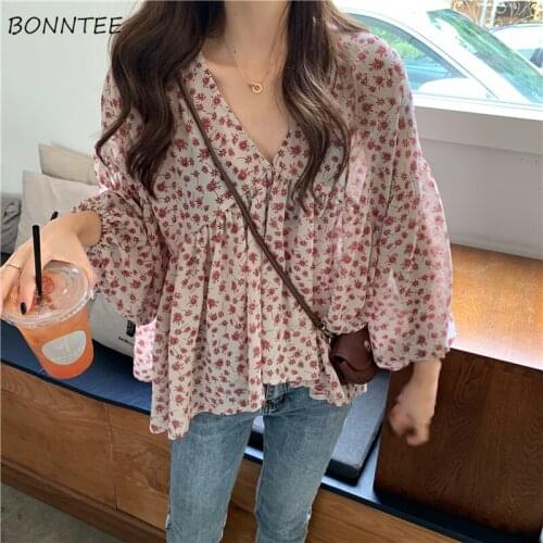 Blouses Women Floral Loose Elegant Leisure Feminine V-neck Harajuku Fashion Korean Style Design Simple Comfortable Cozy Retro