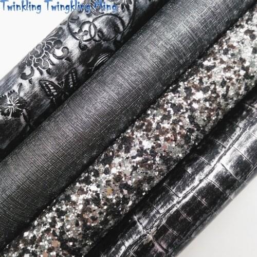 Black Glitter leather, Crocodile Flowers Embossed Synthetic Leather Fabric Sheet For Bow 21x29CM Twinkling Ming KM314