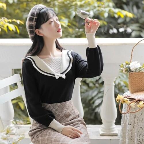 Black Retro Cute Sweater Female Bow Lovely Navy Collar College Wind Pullover Sweater Long Sleeve Autumn Gentle Retro Tops Lady
